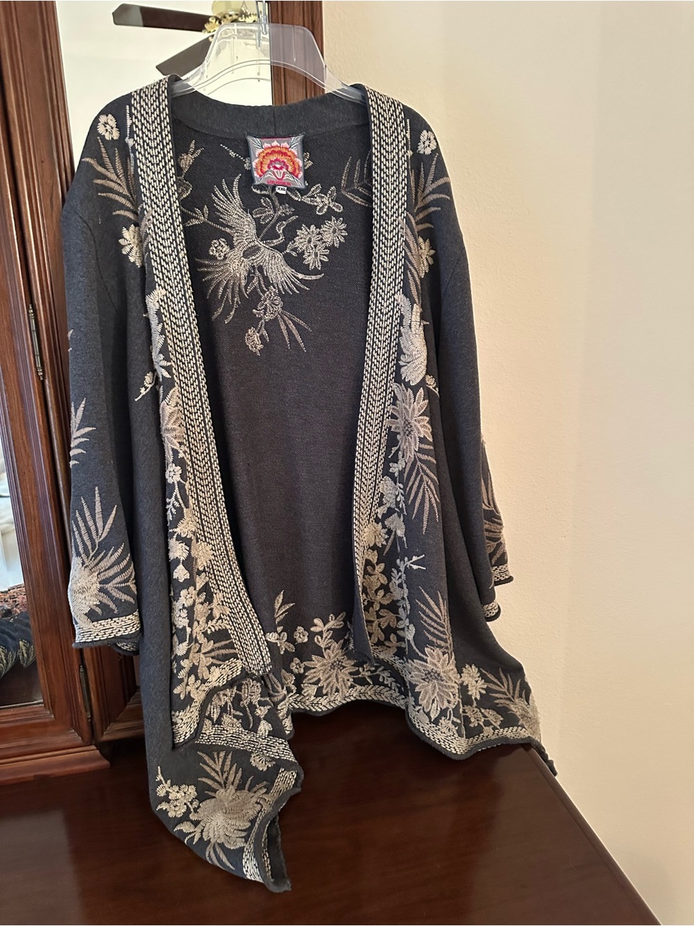 Johnny Was Embroidered Camille Grey Cardigan Waterfall Open Front - Picture 5 of 15
